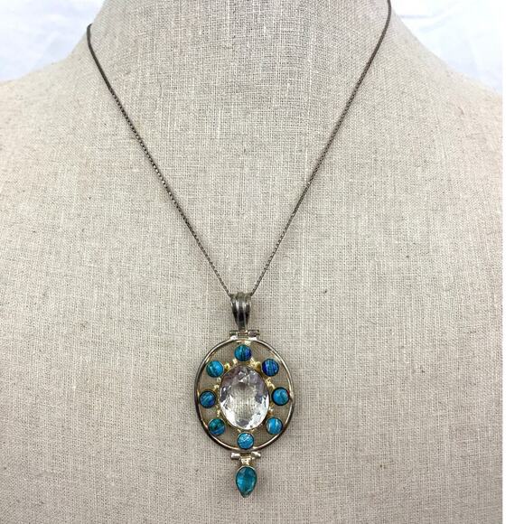 VTG 925 Silver Blue Clear Pendant Italy Chain Necklace Cluster 18" - Picture 2 of 16